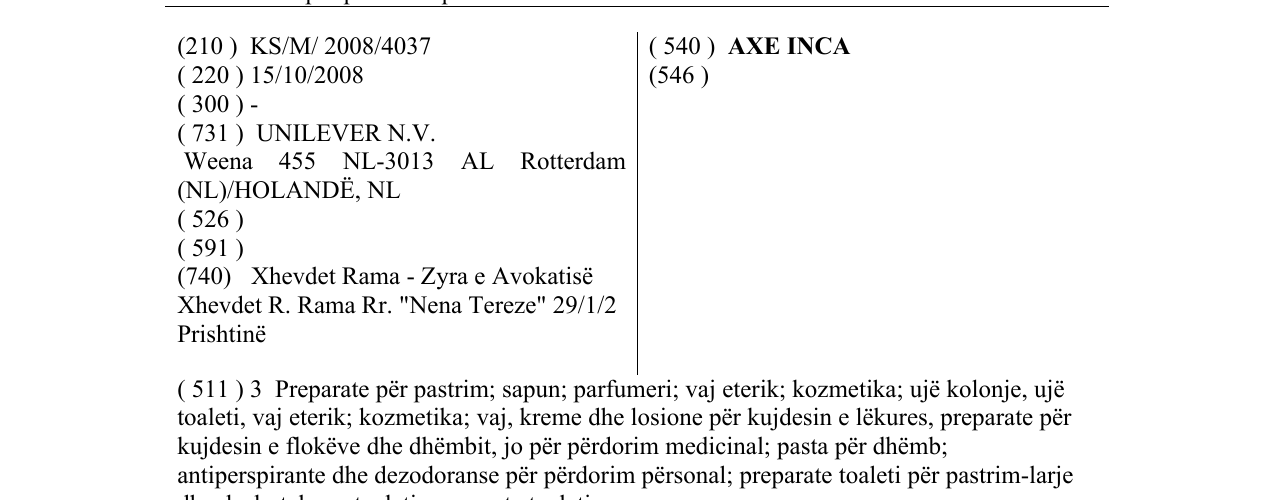 Zëri i markës AXE INCA në buletin