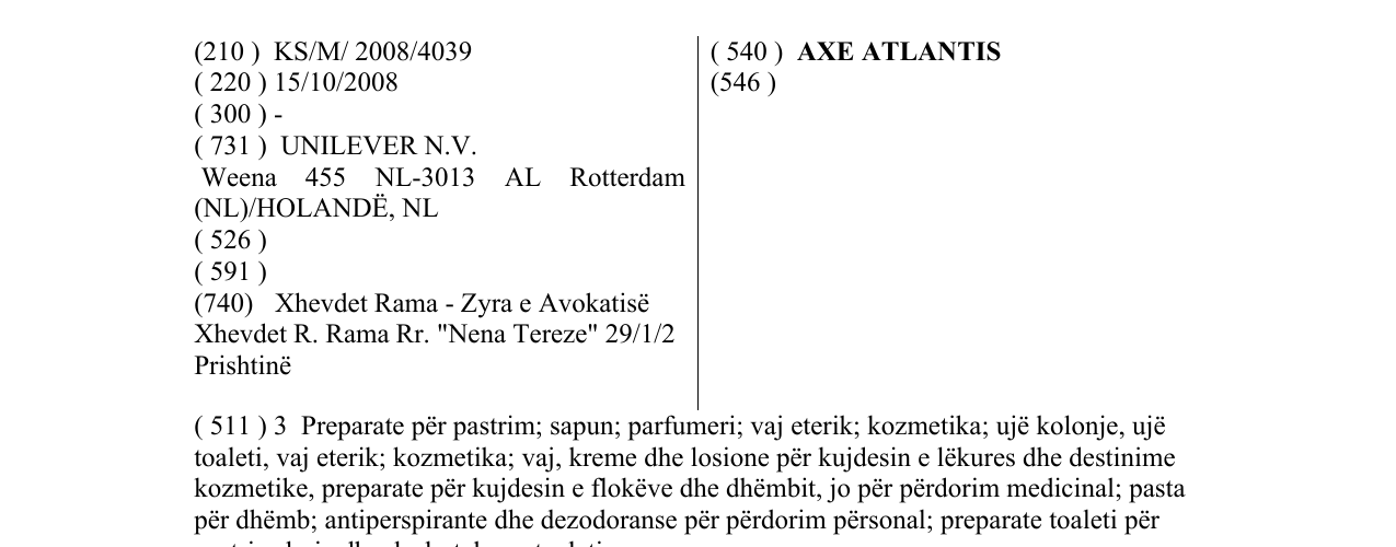 Zëri i markës AXE ATLANTIS në buletin