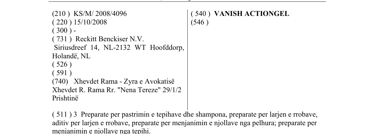 Zëri i markës VANISH ACTIONGEL në buletin