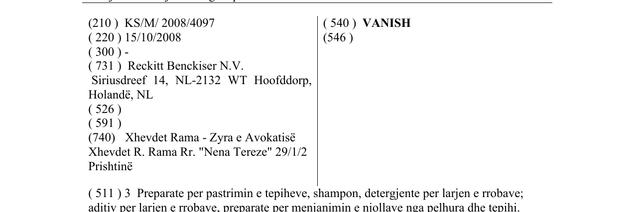Zëri i markës VANISH në buletin