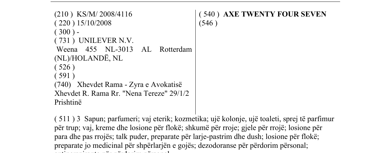 Zëri i markës AXE TWENTY FOUR SEVEN në buletin