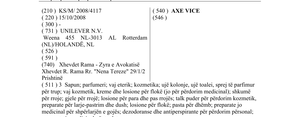 Zëri i markës AXE VICE në buletin