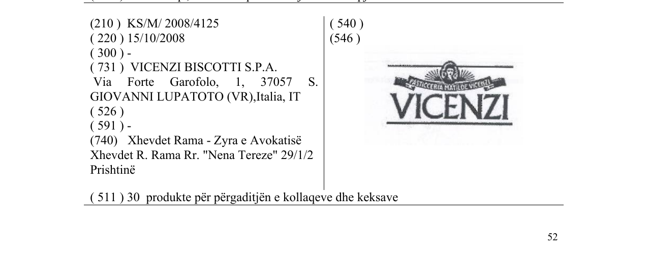 Zëri i markës VICENZI PASTICCERIA MATILDE VICENZI në buletin
