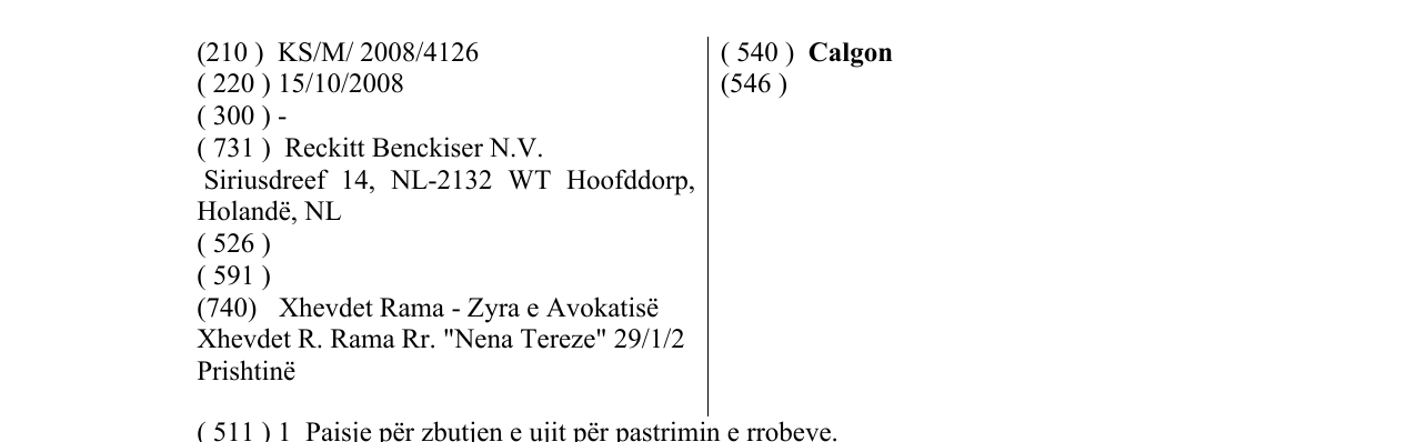 Zëri i markës Calgon në buletin