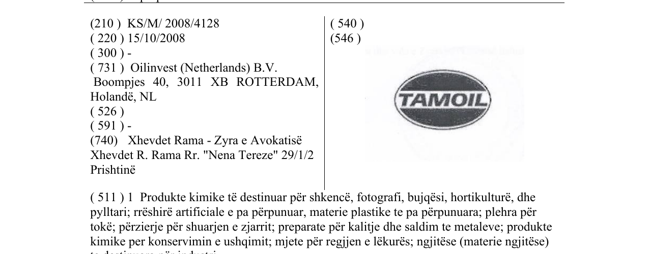 Zëri i markës TAMOIL në buletin