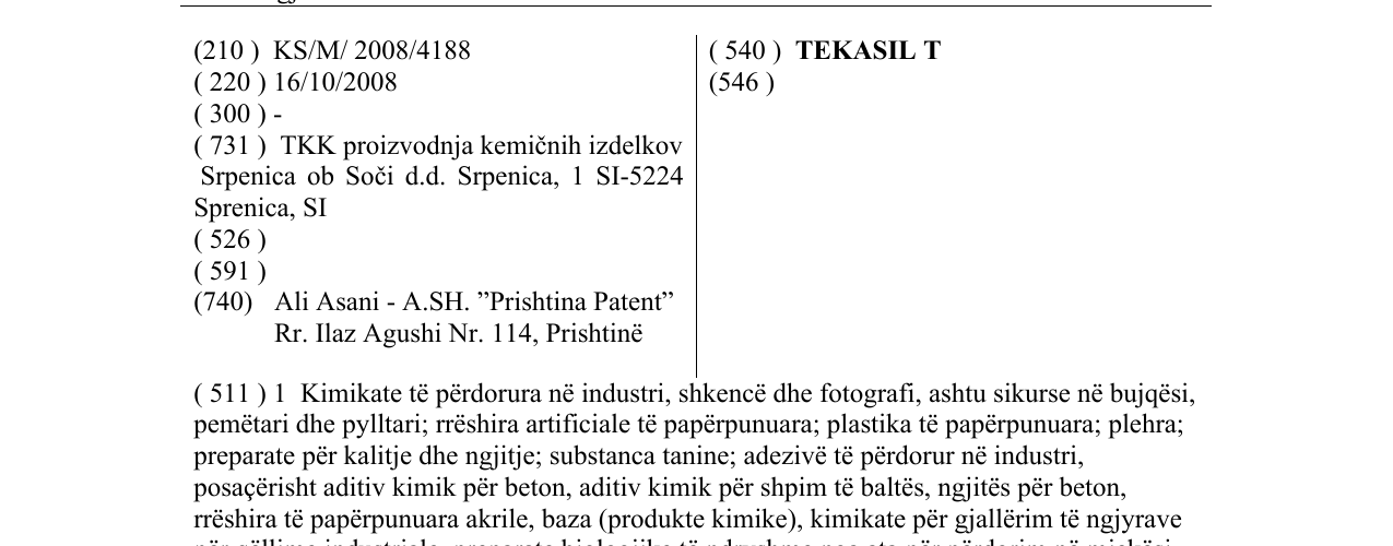 Zëri i markës TEKASIL T në buletin