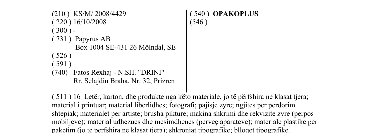Zëri i markës OPAKOPLUS në buletin