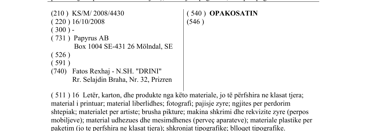 Zëri i markës OPAKOSATIN në buletin