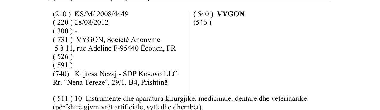 Zëri i markës VYGON në buletin