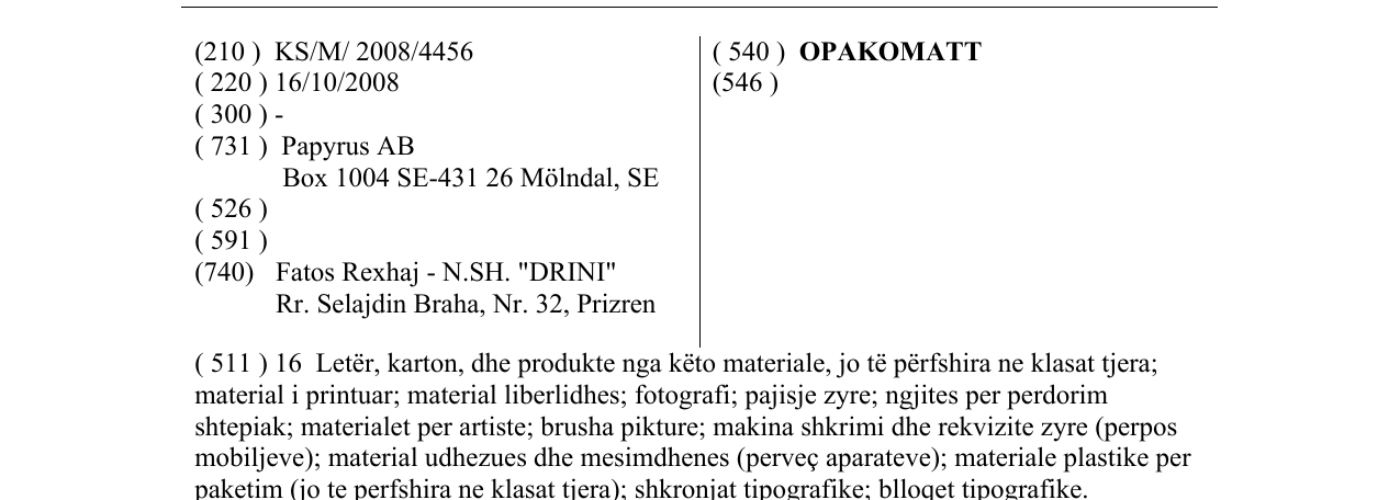Zëri i markës OPAKOMATT në buletin