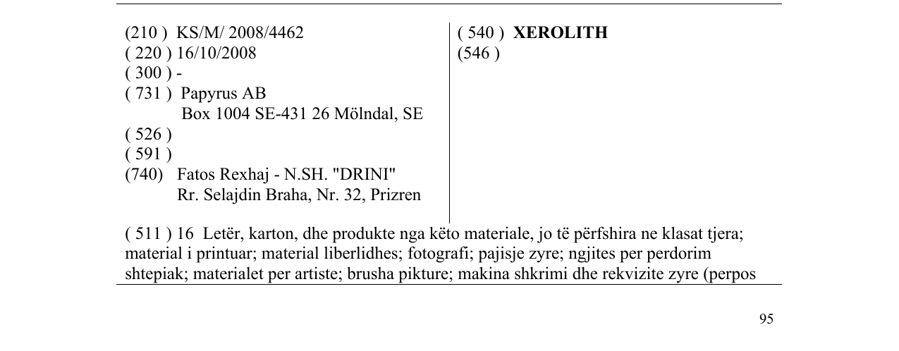 Zëri i markës XEROLITH në buletin