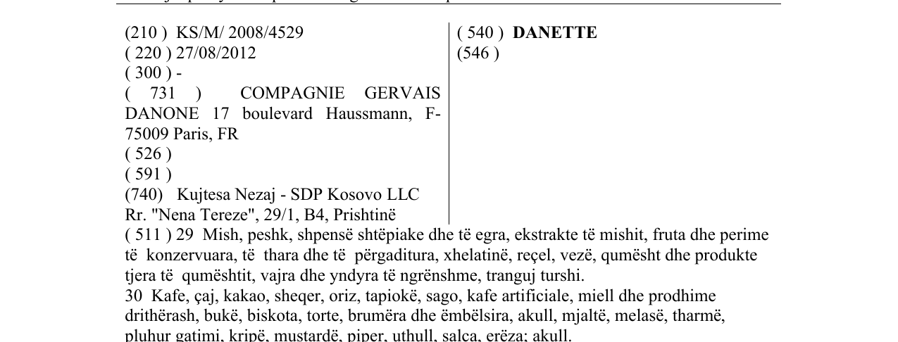 Zëri i markës DANETTE në buletin