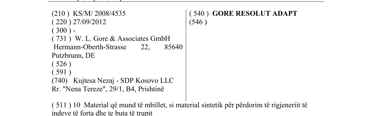 Η εγγραφή του σήματος GORE RESOLUT ADAPT στο δελτίο