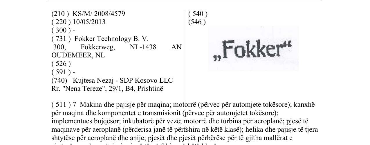 Zëri i markës Fokker në buletin