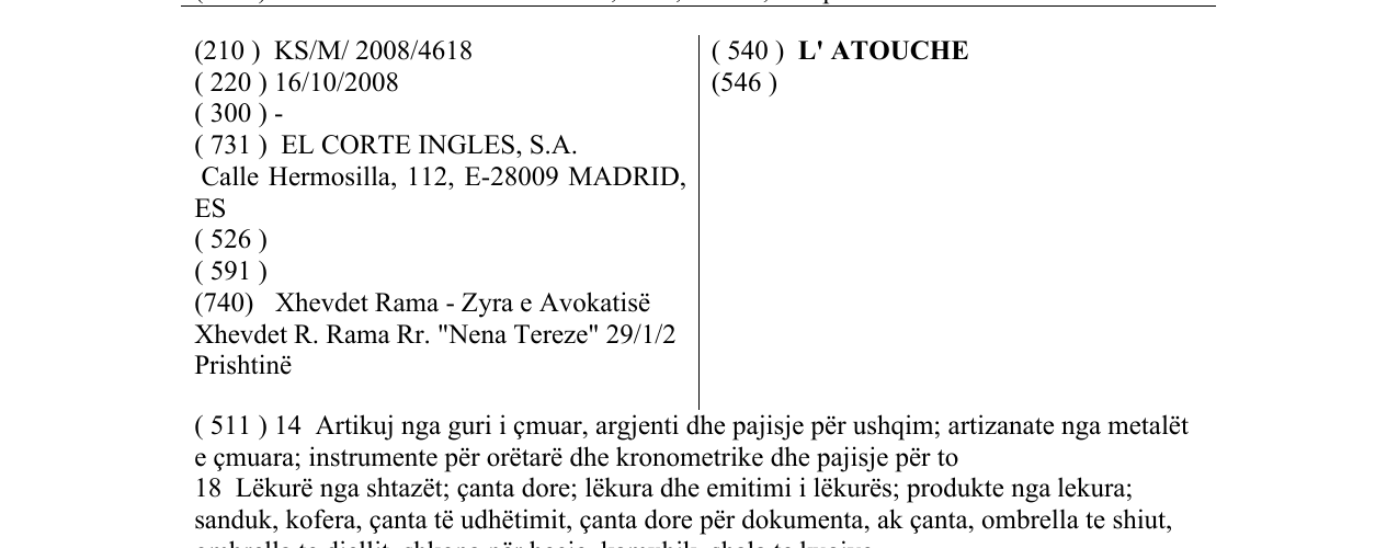 Zëri i markës L' ATOUCHE në buletin