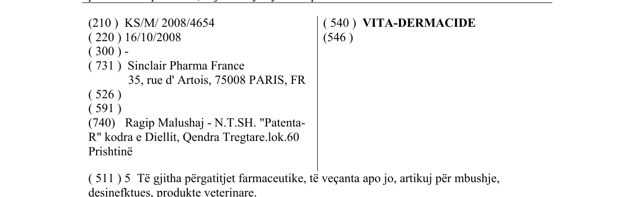 Zëri i markës VITA-DERMACIDE në buletin