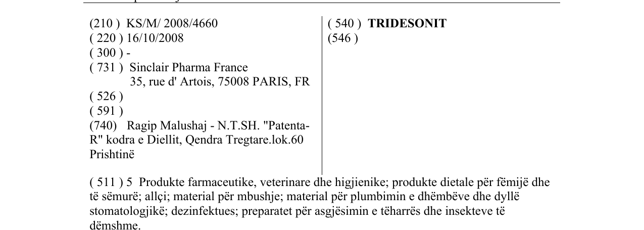 Zëri i markës TRIDESONIT në buletin