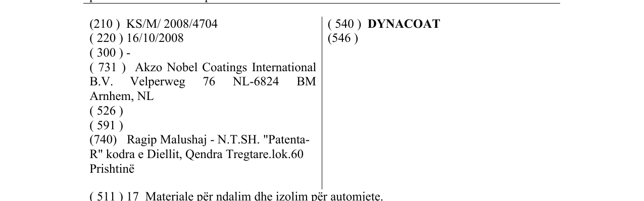 Zëri i markës DYNACOAT në buletin