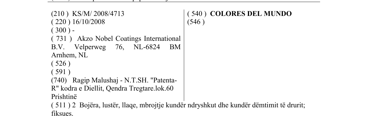 Zëri i markës COLORES DEL MUNDO në buletin