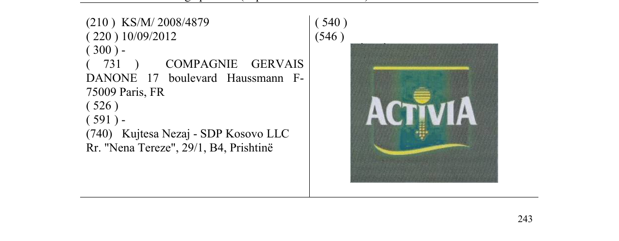 ACTIVIA markasının bültendeki kaydı
