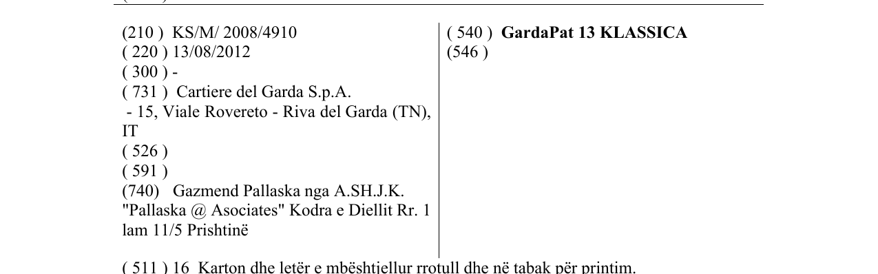 Zëri i markës GardaPat 13 KLASSICA në buletin