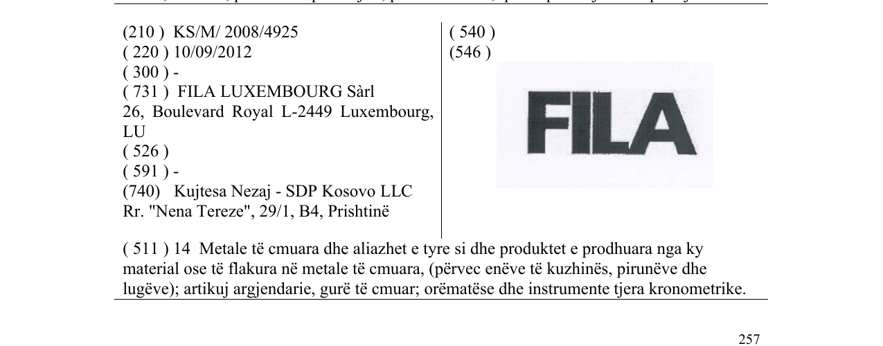 Zëri i markës FILA në buletin