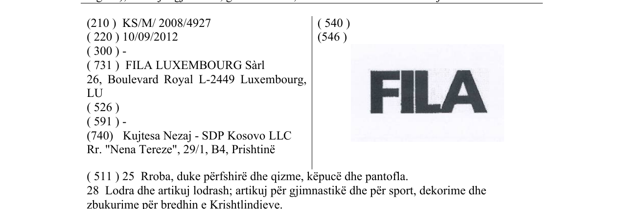Zëri i markës FILA në buletin