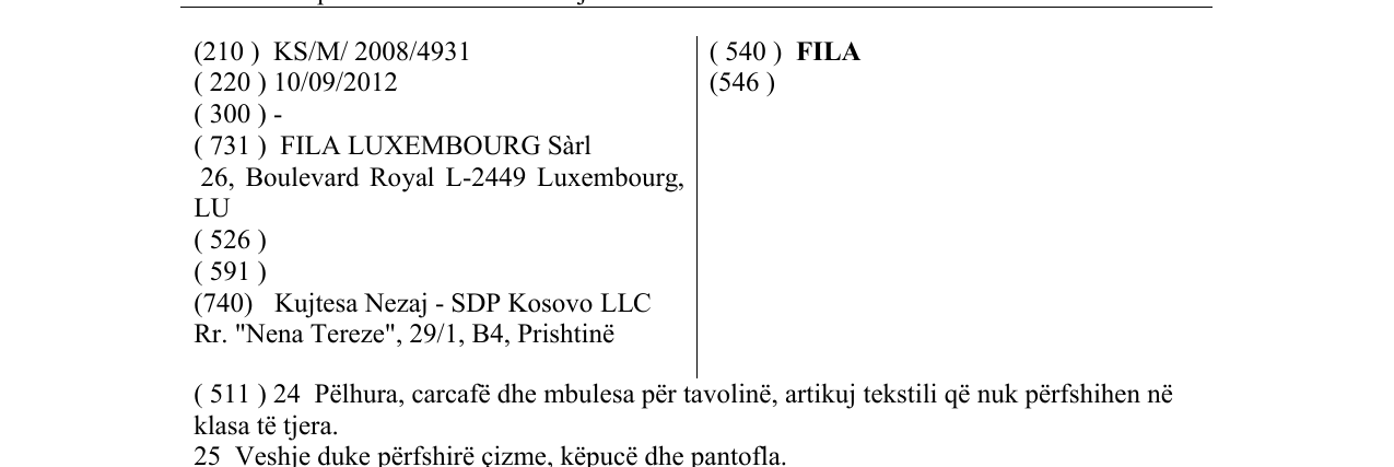 Zëri i markës FILA në buletin