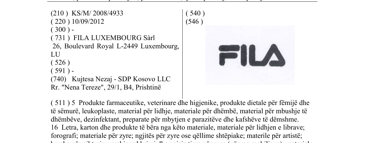 Zëri i markës FILA në buletin
