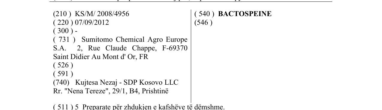 Zëri i markës BACTOSPEINE në buletin