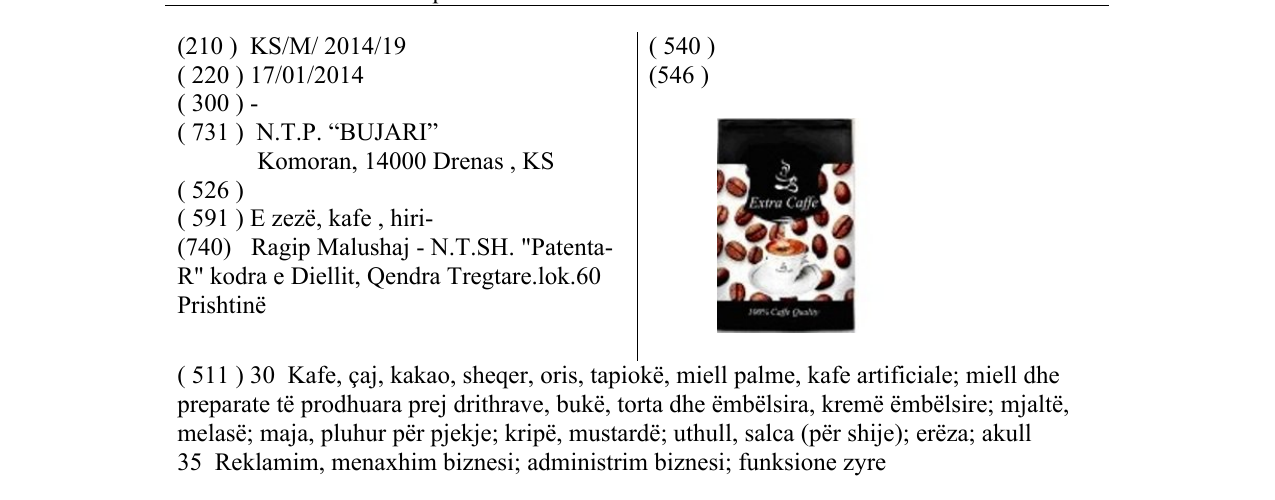 Zëri i markës Extra Caffe në buletin