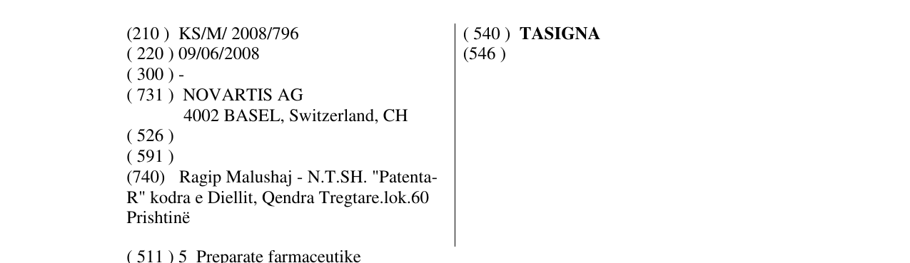 Zëri i markës TASIGNA në buletin