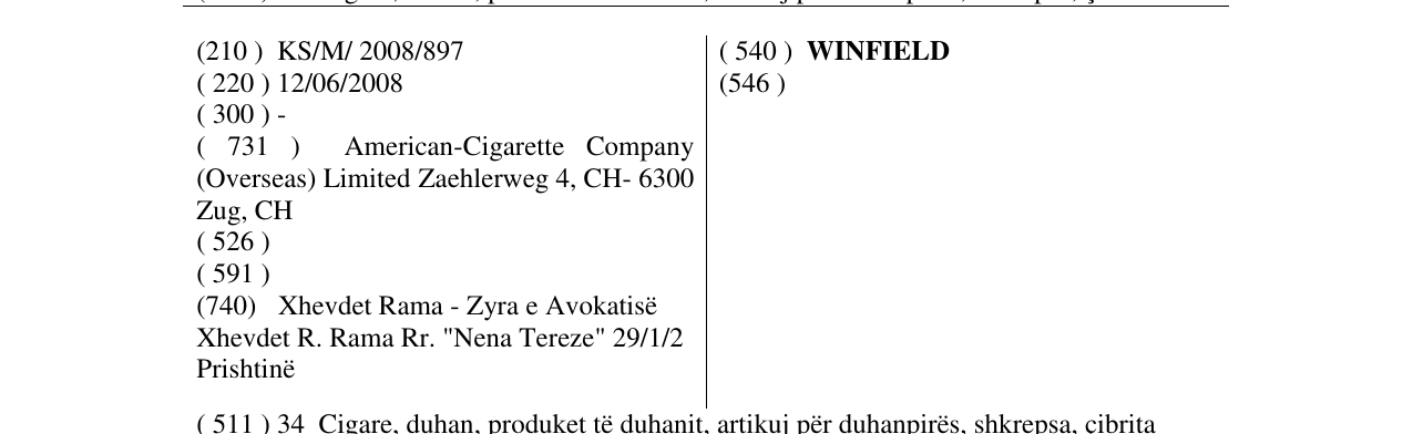 Zëri i markës WINFIELD në buletin