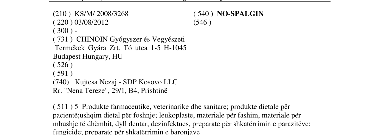 Zëri i markës NO-SPALGIN në buletin