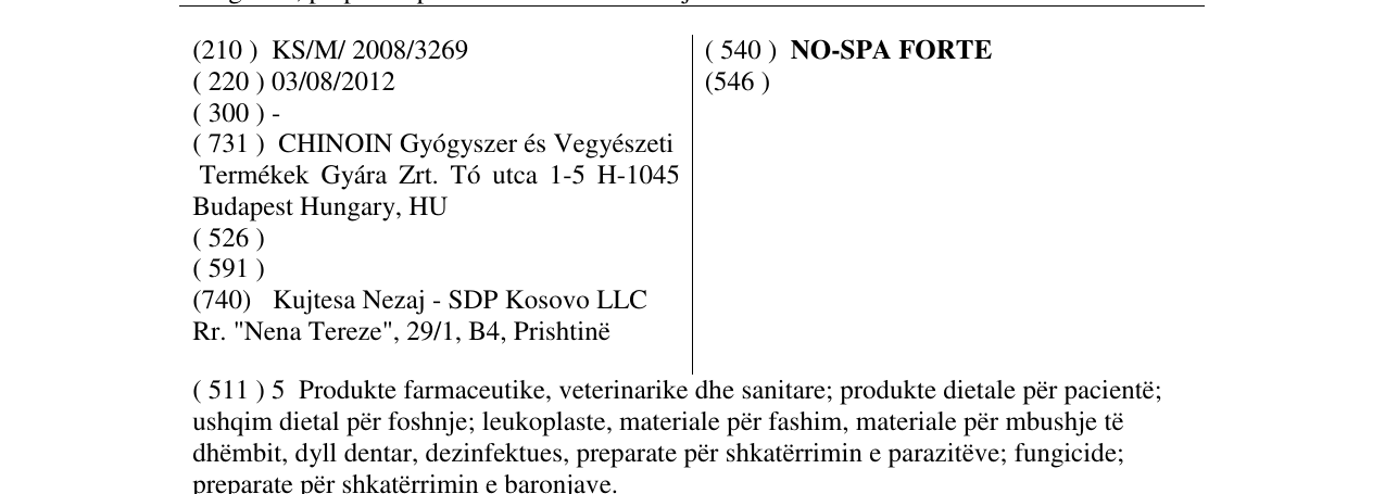 Zëri i markës NO-SPA FORTE në buletin
