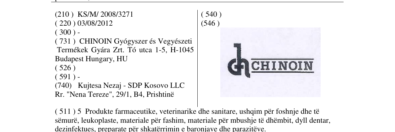 Zëri i markës CHINOIN në buletin