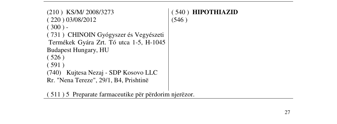 Zëri i markës HIPOTHIAZID në buletin