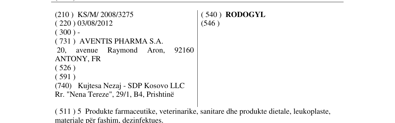 Zëri i markës RODOGYL në buletin