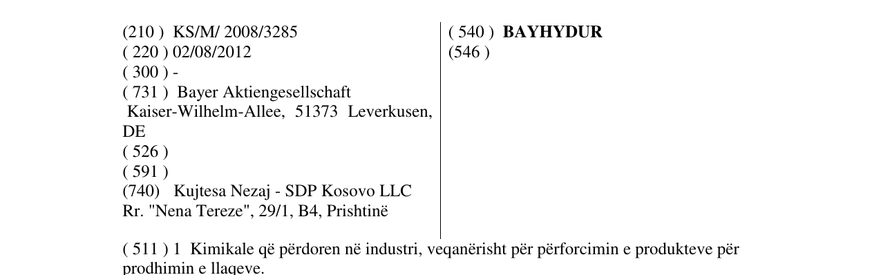 Zëri i markës BAYHYDUR në buletin