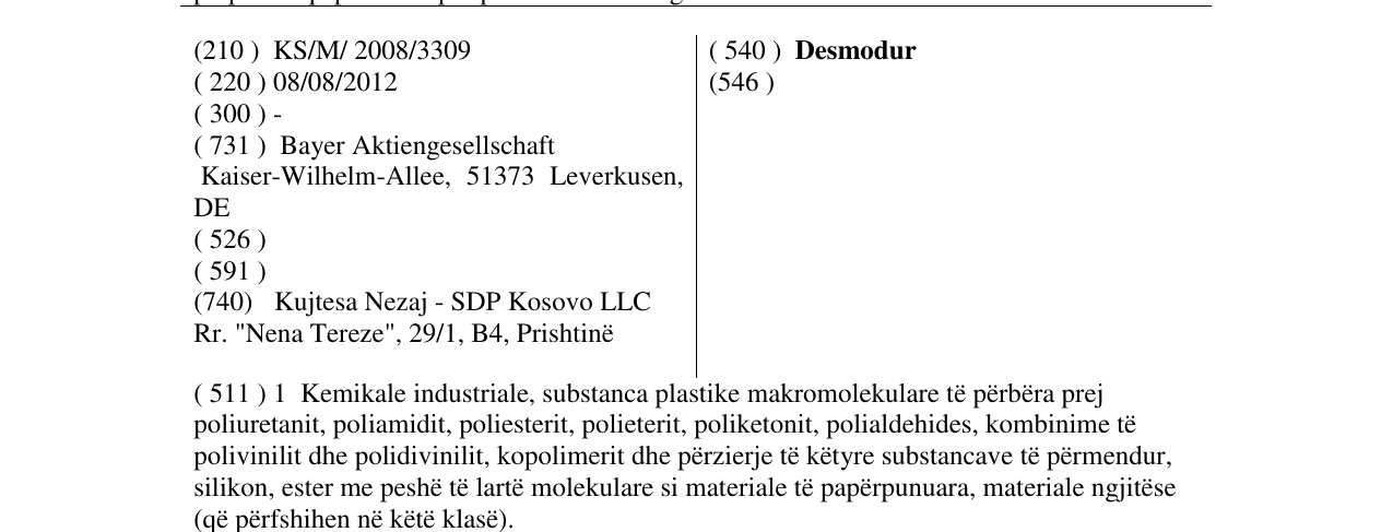 Zëri i markës Desmodur në buletin