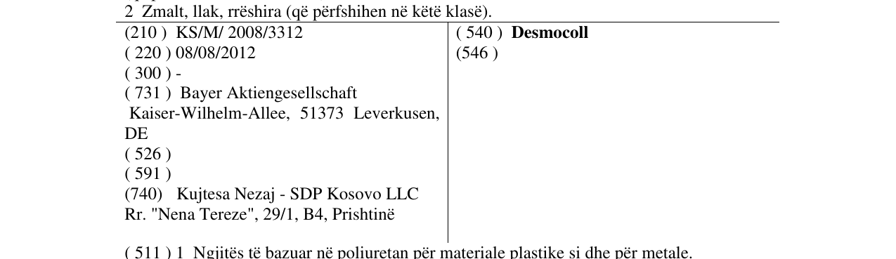 Zëri i markës Desmocoll në buletin