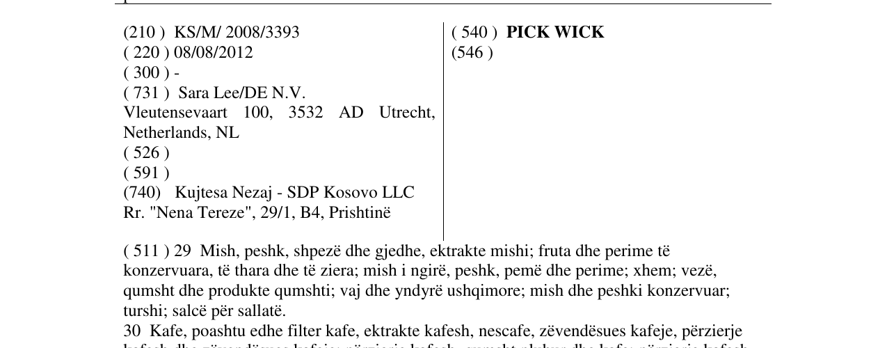 Zëri i markës PICK WICK në buletin