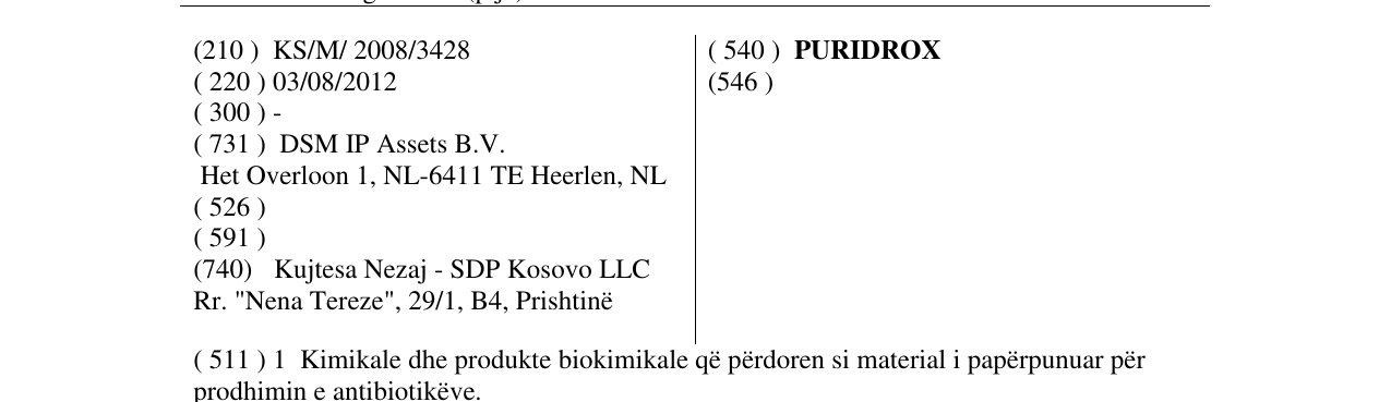 Zëri i markës PURIDROX në buletin