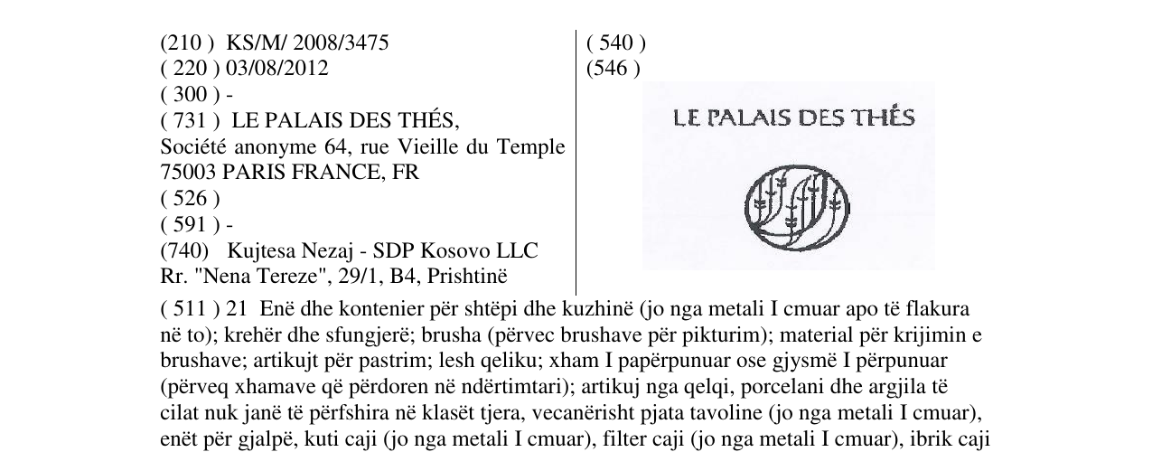Zëri i markës LE PALAIS DES THÉS në buletin