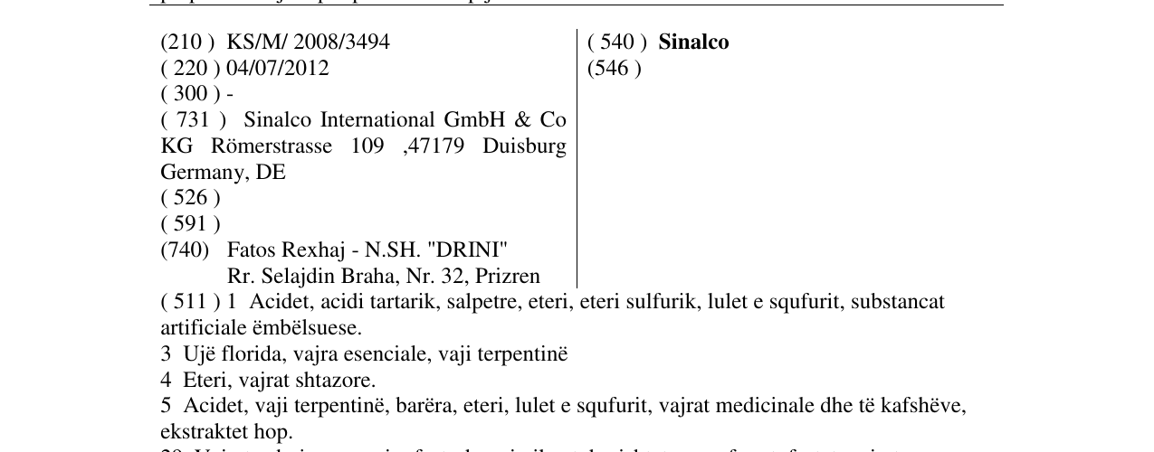 Zëri i markës Sinalco në buletin