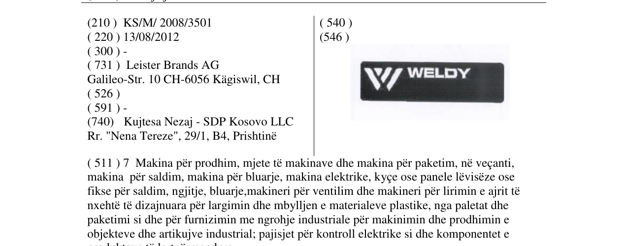WELDY markasının bültendeki kaydı
