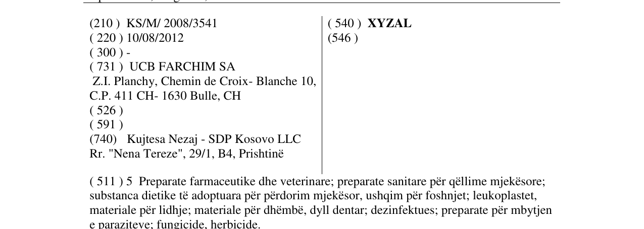 Zëri i markës XYZAL në buletin