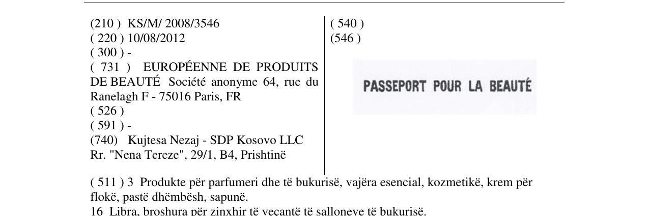 Zëri i markës PASSEPORT POUR LA BEAUTÉ në buletin