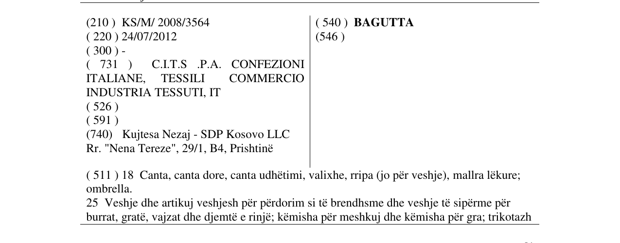 Zëri i markës BAGUTTA në buletin
