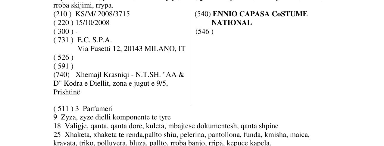 Zëri i markës ENNIO CAPASA CoSTUME NATIONAL në buletin